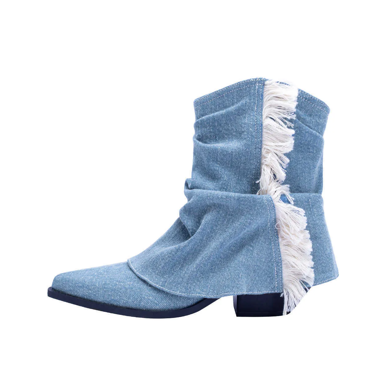 HBP Non-Brand Herbst-Stil, Denim, plissiert, Quaste, spitze High Heels, Westernstiefel, niedrige Röhre, schmale Hosen, Stiefel, kurze Stiefel für Damen, Sicherheitsschuhe