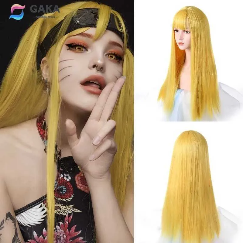 Parrucche sintetiche GAKA Lungo rettilineo Capelli sintetici Giallo Viola Blu Parrucca cosplay resistente al calore con frangia per le donne 240328 240327