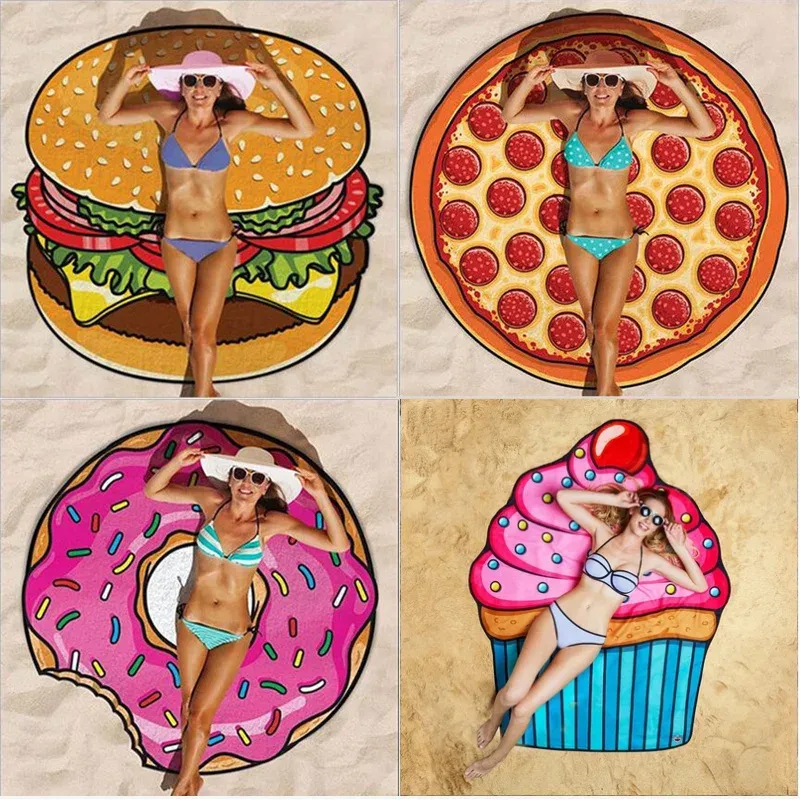 MAT DONUT CAMP Round Beach Mat Tidy Pizza Burger Beach Pangel Quickdrying Swim منشفة يمكن ارتداؤها