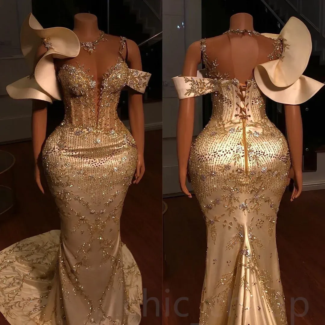 Aso Arabic Ebi Gold Mermaid Prom Dresses Lace Beaded Sexy Evening Formal Party Second Reception Birthday Engagement Gowns Dress