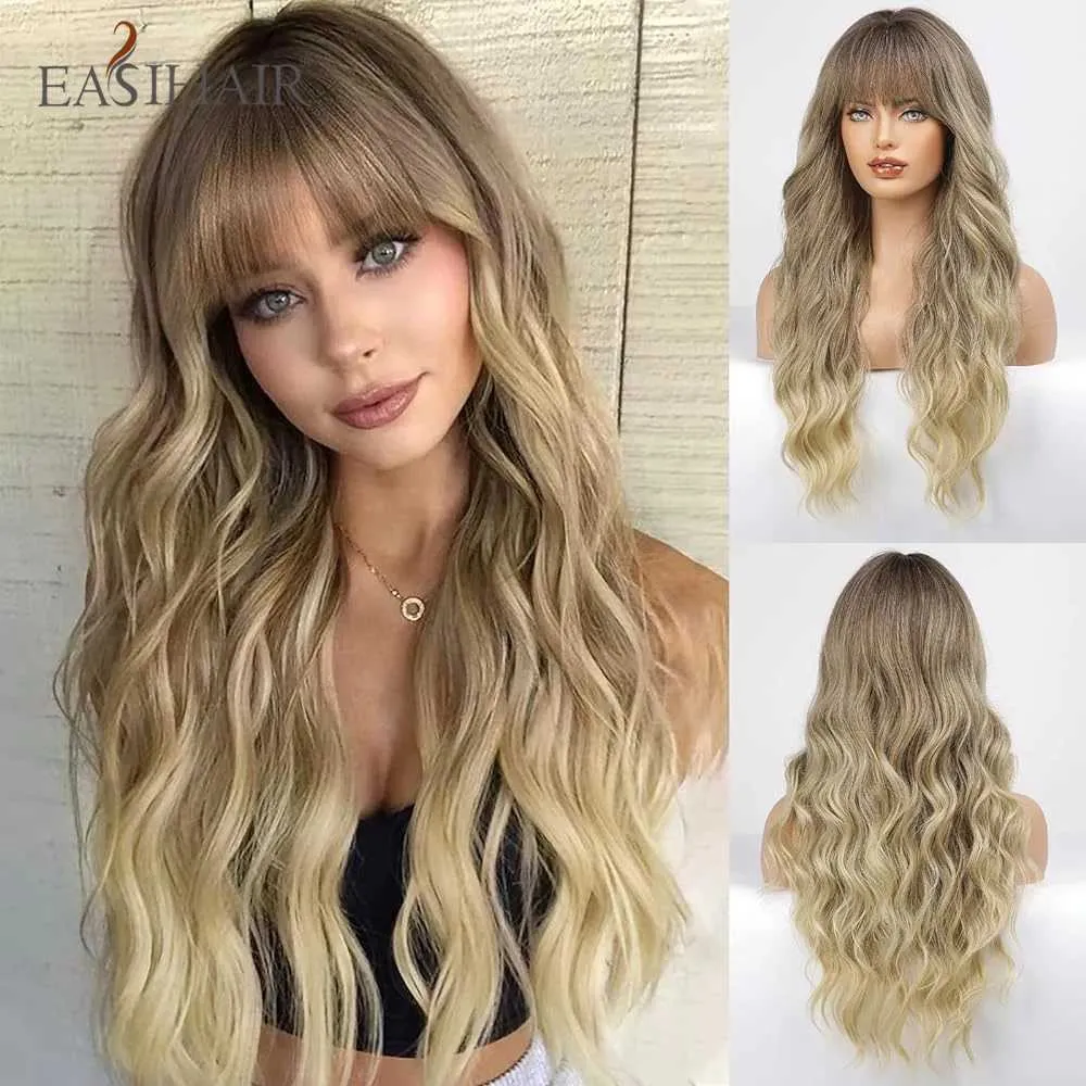 Perruques synthétiques Perruques synthétiques ondulées longues et bouclées, perruques blondes brunes ombrées avec frange pour femmes, faux cheveux résistants à la chaleur pour fête de Cosplay quotidienne 240328 240327