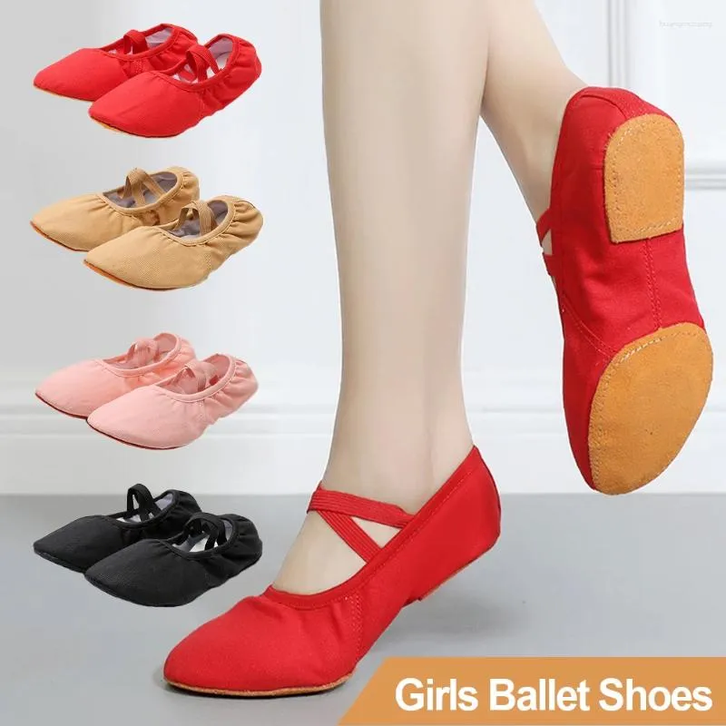 Chaussures de danse Childre les filles Ballet Cow Leather Sole toile femme Ballerina Yoga Gym