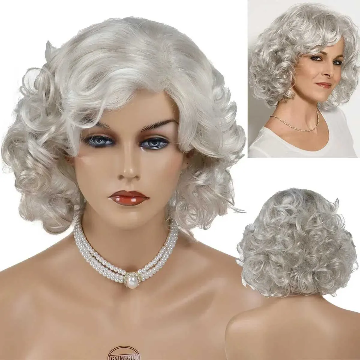 Synthetic Wigs Lace Wigs GNIMEGIL Synthetic Short Curly Hair Grey White Elderly Wig for Women Mommy Wig with Bangs Cosplay Costume Party Grandma Gift Wig 240327