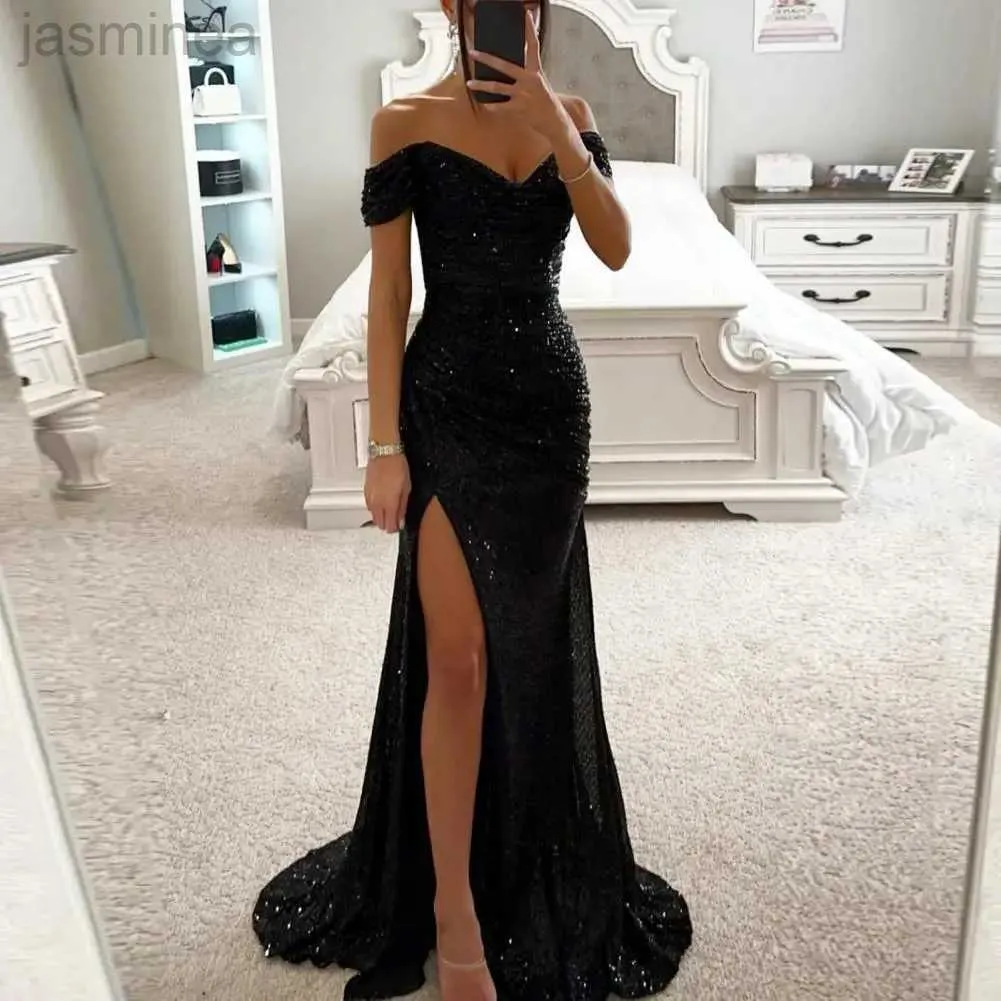 Basic Casual Dresses V-Neck Off Shoulder Maxi Dress Sequin Short Sleeve Waist Tight Evening Party Prom Slim Sexy Long Dress 240319