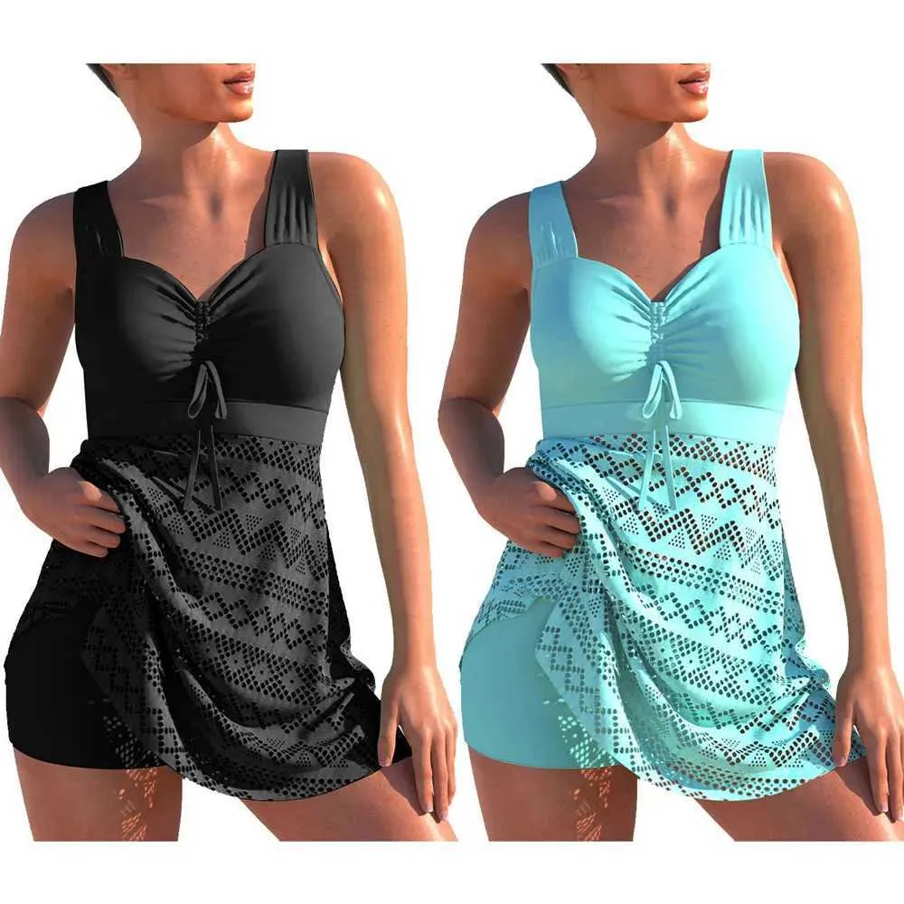 Damenbadebekleidung 2023 Neuer sexy Spitze-Hohl-Badeanzug Damen-Badeanzug mit hoher Taille Fester Tankini Zweiteiliger Badeanzug Damen-Strandanzug 4XL J240319