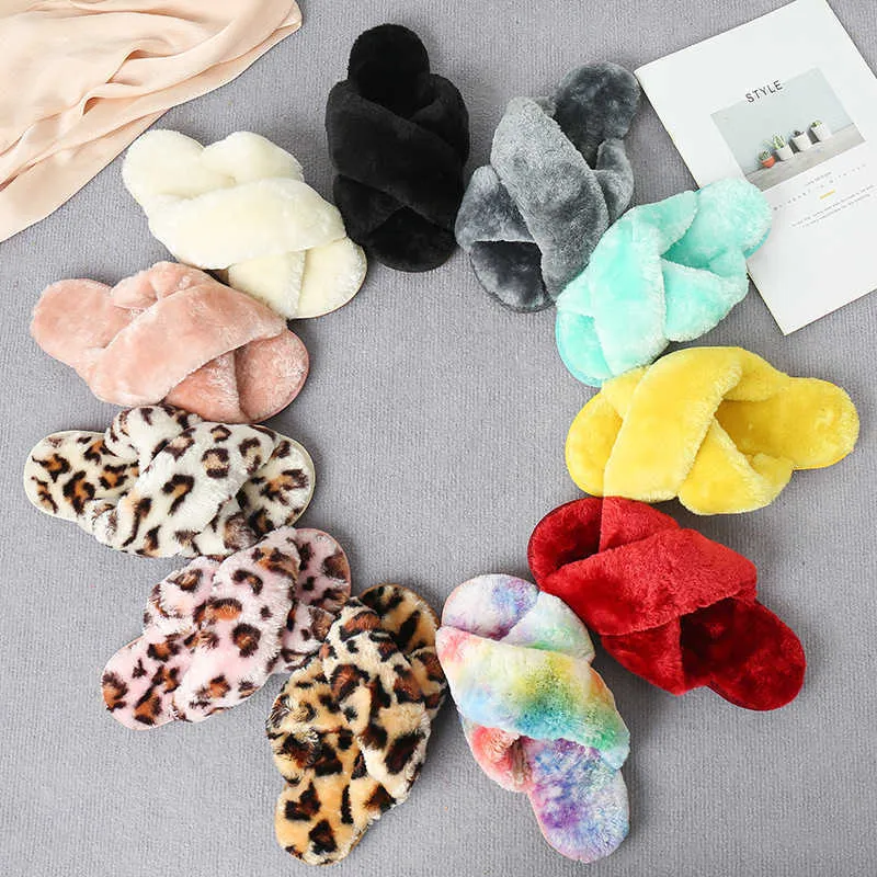 HBP Non-Merk Ouder-kind Modieuze Gezellige Pluche Slides Platte Huis Indoor Cross Pluche Slippers Vrouwen Nepbont Pluizige Slippers