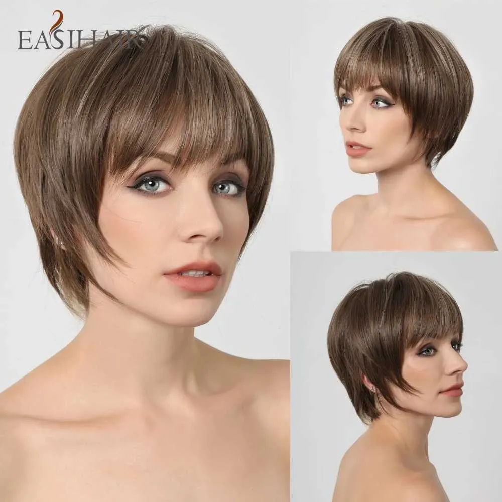 Synthetic Wigs EASIHAIR Short Synthetic Wigs for Women Pixie Cut Brown Mixed Blonde Bob Wigs With Bangs Heat Resistant Cosplay Party Fake Hair 240328 240327