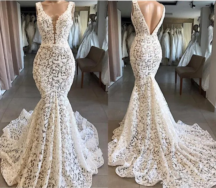 Real Image Mermaid Wedding Dresses 2020 Full Lace Modest Vneck Backless Country Bohemian Beach Bride Wedding Gowns robe de mariee3640489