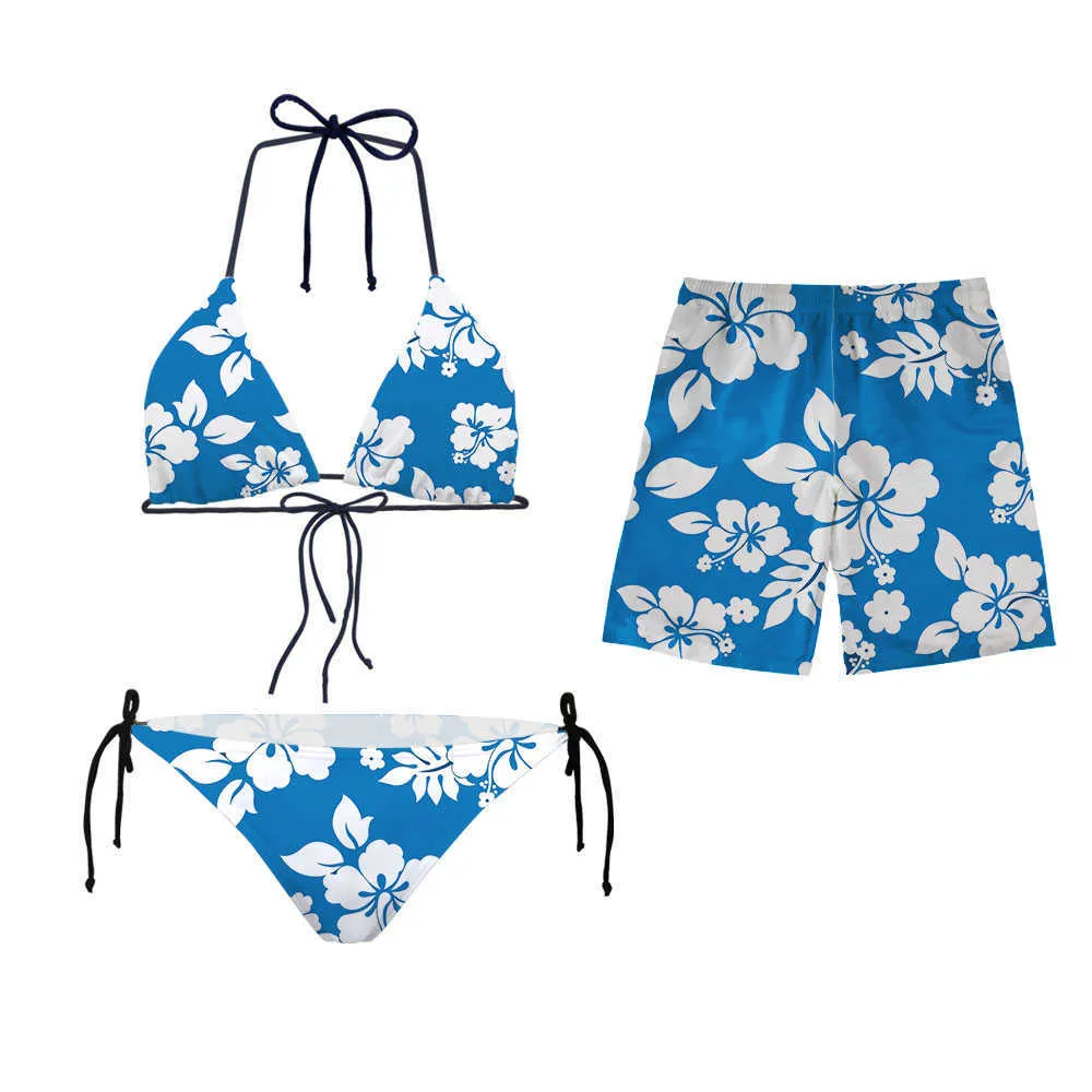 Trajes de baño para mujer 2022 Conjunto de traje de baño hawaiano con estampado de hibisco Traje de baño Traje de baño Bikini Troncos y accesorios para parejas (azul)