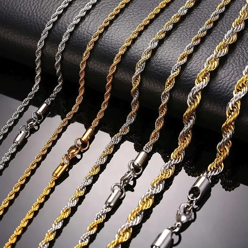 14k Gold Rope Chain Mannen Ketting Gouden Twisted Wave Links Basic Chains Choker Unisex Punk Sieraden