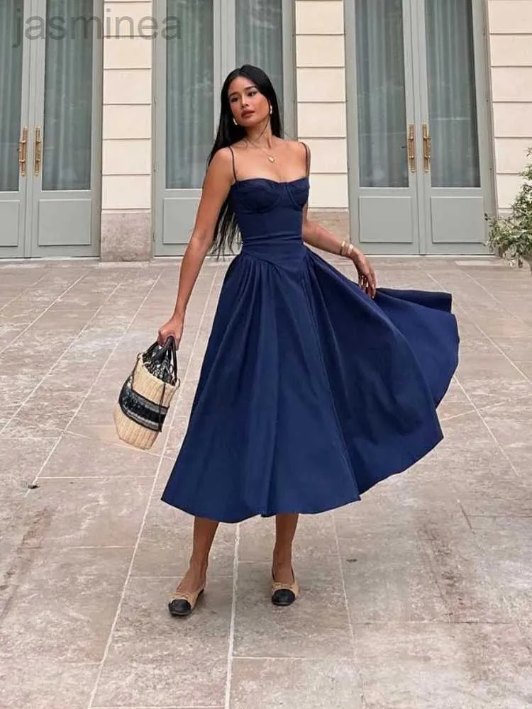 Suninheart Spaghetti Strap Midi Dress Navy Blue Casual Birthday Dress for Women Slim Party Dresses