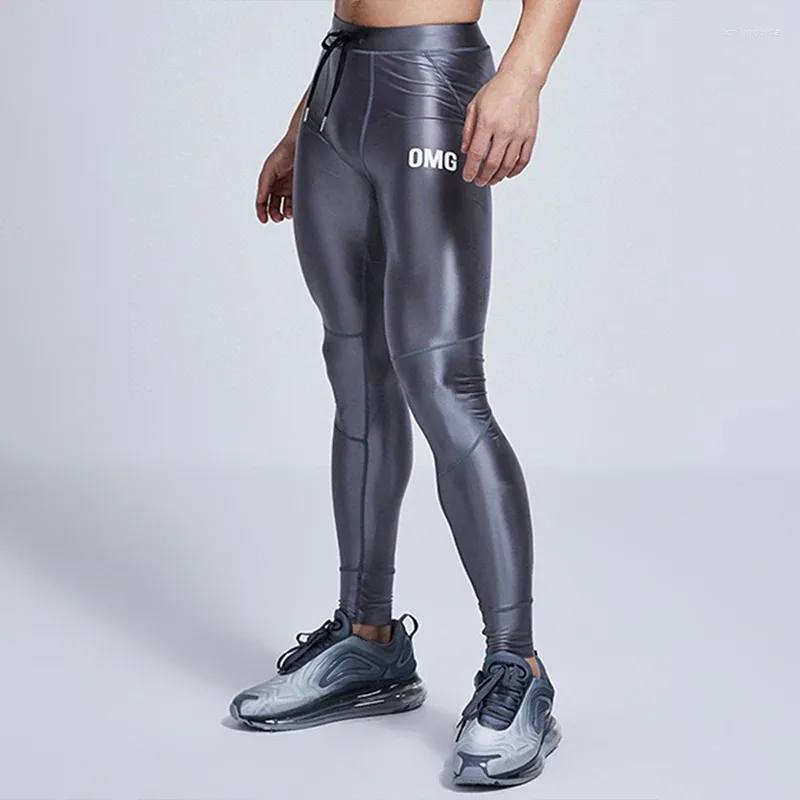 Calças masculinas brilhantes prata apertadas fitness correndo leggings treinamento corredores roupas calças de suor