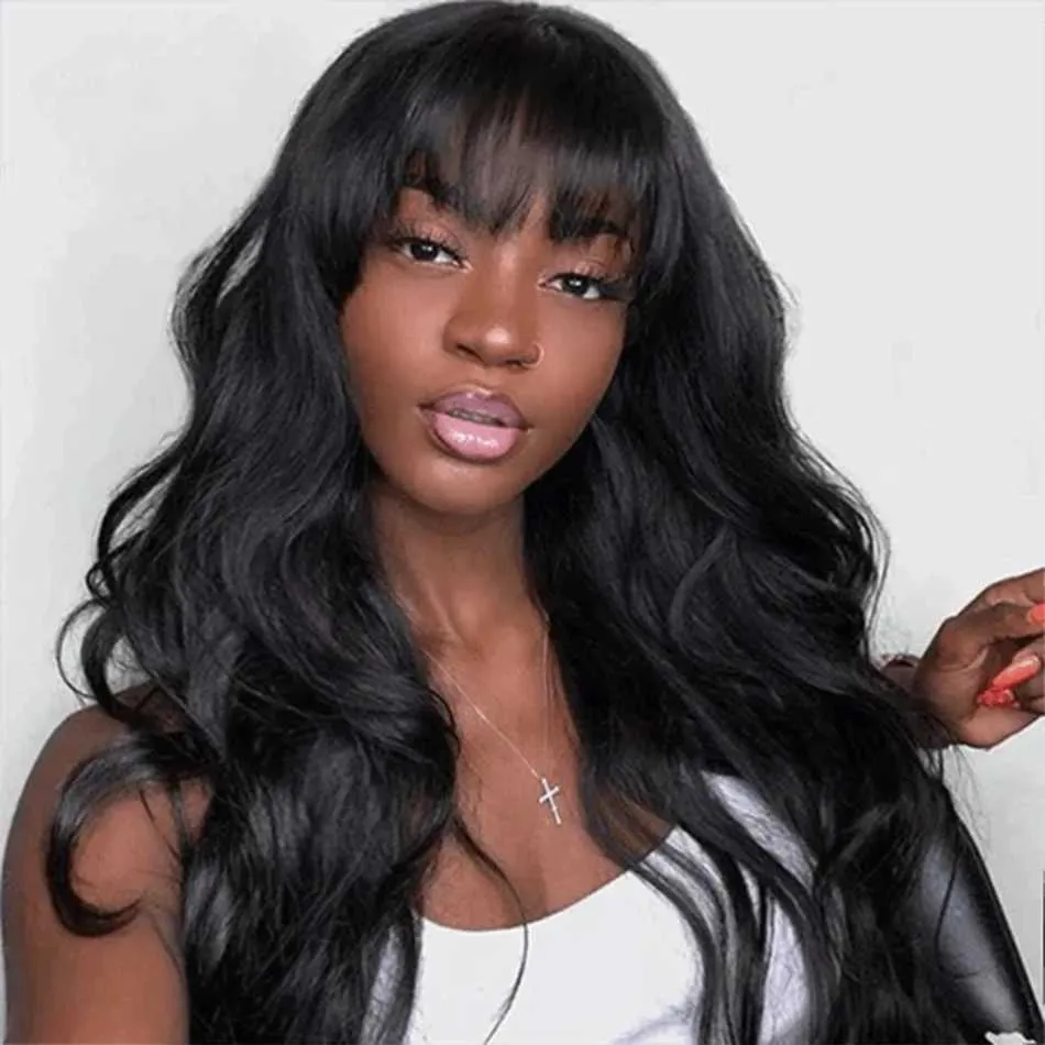 Synthetic Wigs Synthetic Wigs 12A Body Wave Wig With Bangs Human Hair Wigs For Women Humain Full Machine Peruvian Body Wave Wigs Glueless Wig Ready To Wear 240327