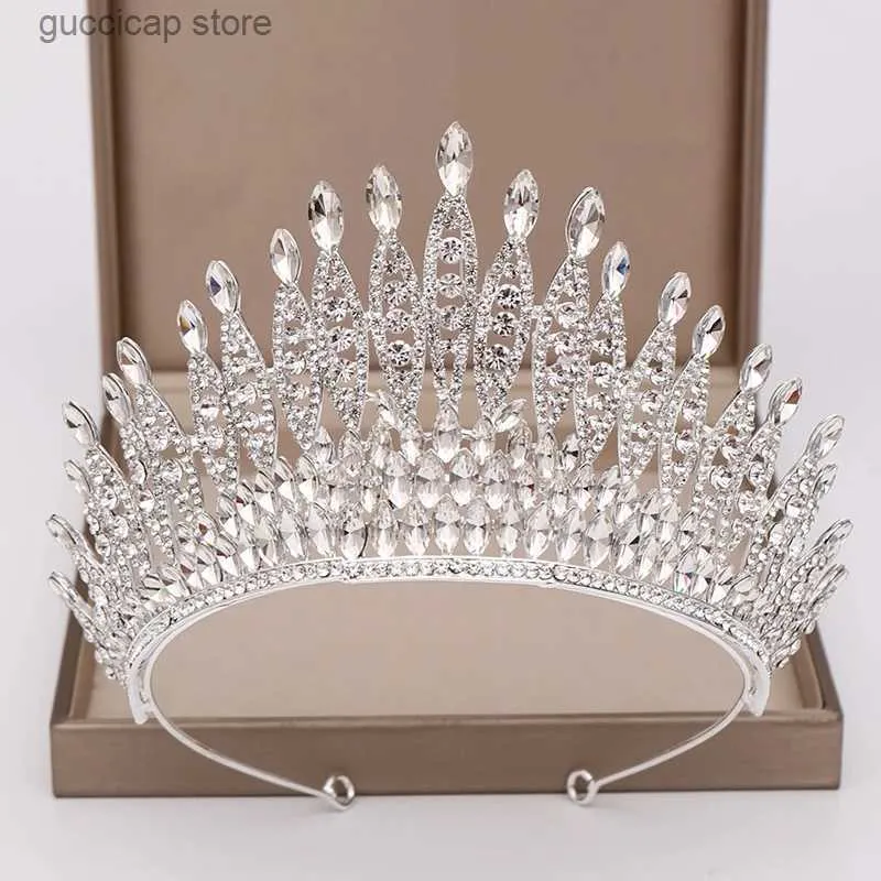 Tiaras trendiga silverfärg Roteston Crystal Queen Big Crown Bridal Wedding Tiara Women Beauty Pageant Bridal Hair Accessories smycken Y240319