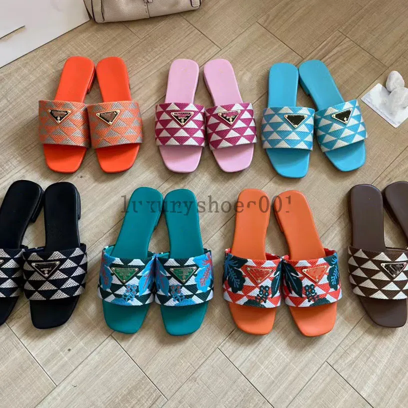 Mulher homem prad triângulo chinelos designer sandália sapato de luxo tecido chinelo bordar sandale piscina moda casual salto plano slide summe ao ar livre slider loafer 3.7 02