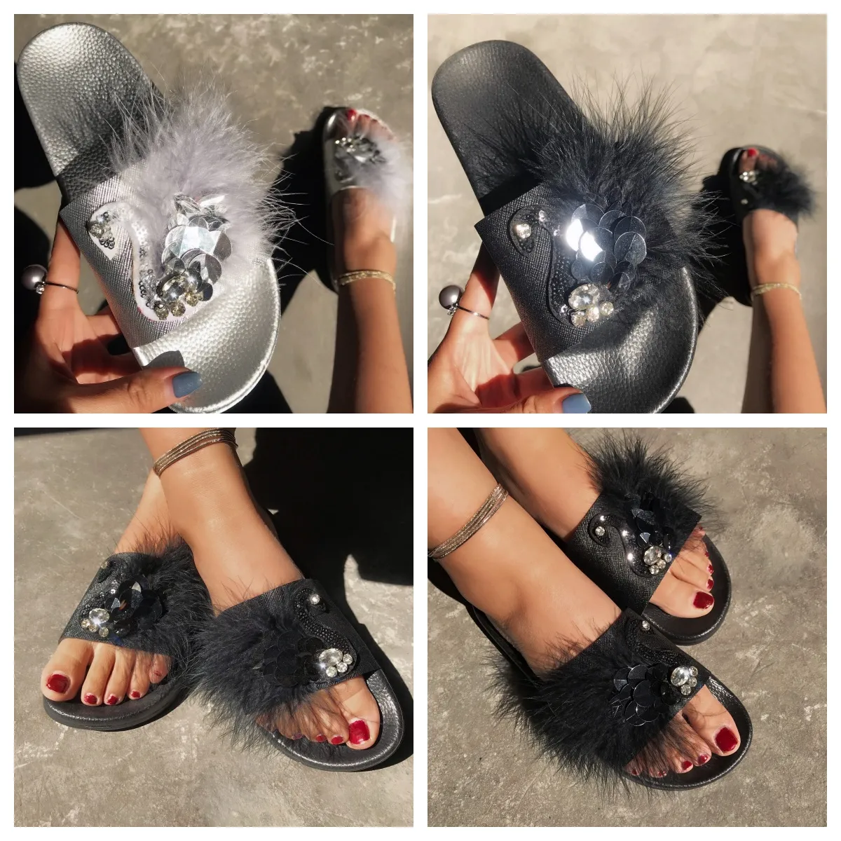 GAI Designer Pantoufles Rose Gris Femmes Sandales À Talons D'été Qualité Mode Pantoufles En Peluche Sandales Avec Jolie Fourrure Babouche 2024 Taille36-41