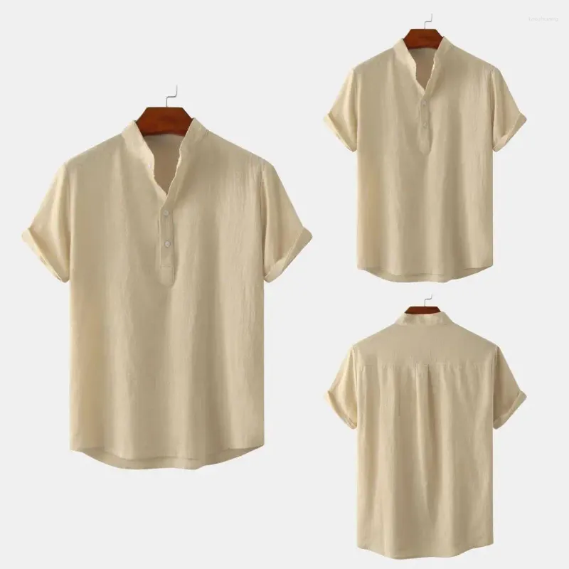 Men's T Shirts Men Solid Color Shirt Stylish Stand Collar Button-up For Business Beach Wear Short Sleeve Loose Fit Top