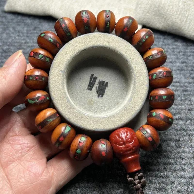 Bracciale con perline di Buddha multi-tesoro intarsiato in osso tibetano di vecchio yak, 15 mm