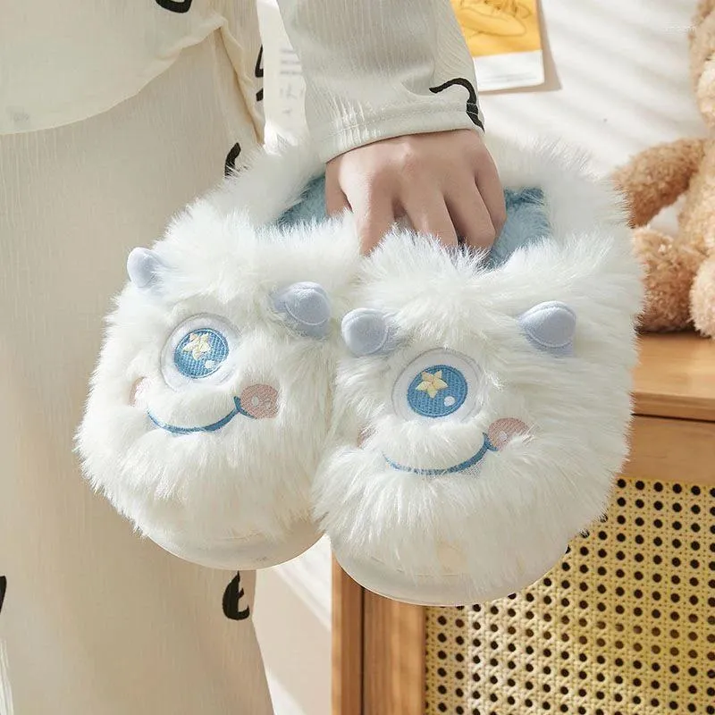 Pantoufles avertir mignon dessin animé en peluche pour femmes hiver fourrure Animal maison intérieure floue Couple décontracté coton pantoufle