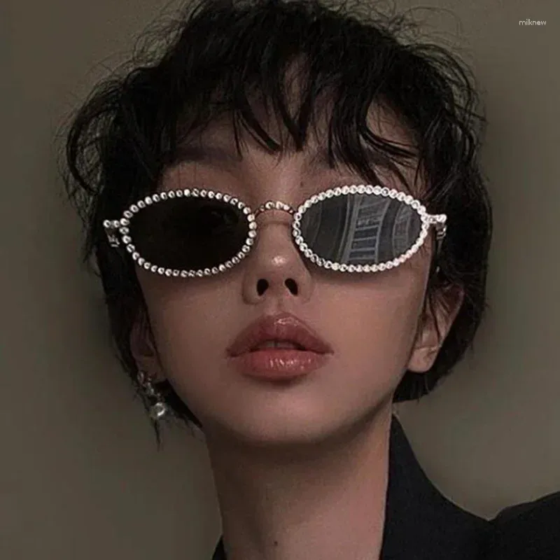 Sunglasses 6pcs Fashion Female Full Diamond Oval Frame Girls Cool Metal Temple Y2K High Street Sun Glasses For Women