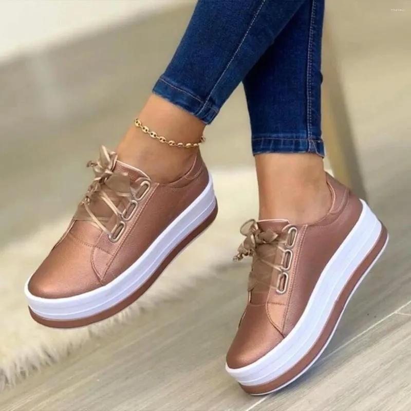 Sapatos casuais mulher tênis para mulher dedo do pé redondo plataforma rendas até tênis feminino vulcanizado cor sólida senhoras mocassins