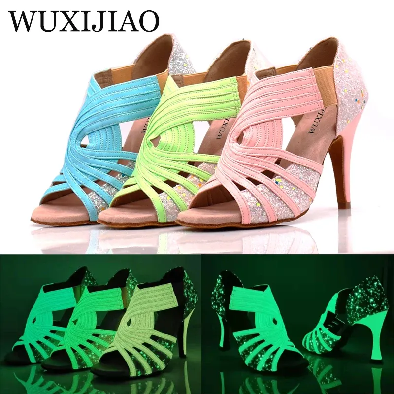 Schoenen Latin Dance Shoes Dameswijd met blauw roze groene fluorescerende PU Flash -doek Salsa Dance Performance Ballroom Dance Shoes