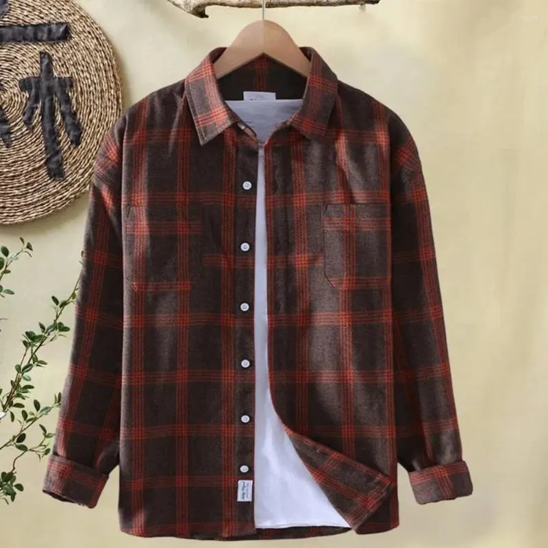 Men's Casual Shirts Men Plaid Shirt Button-up With Turn-down Collar Regular Fit Long Sleeve Sweatshirt For Spring Fall Soft