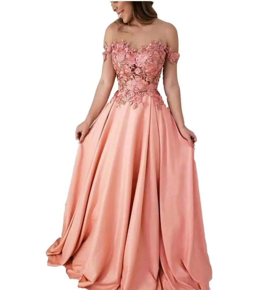 2022 Sexy Peach ALine Long Bridesmaid Dresses Floor Length Flower Lace Appliques Crystal Satin Off Shoulder Evening Dress vestido9281308