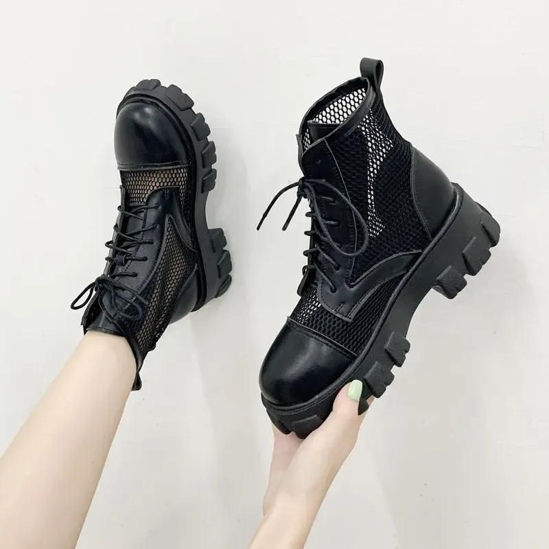 Boots comemore Women Boot Black Mesh Lace Up 2021 New Punk Gothic Women's Fomen's Boots Platform Shoes Women Summer Boots Tamanho 40