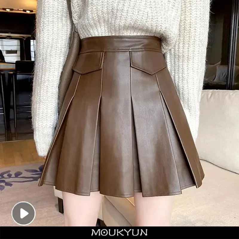 MOUKYUN Summer Women Pleated Leather Skirts Korean Fashion Ladies A-line Short Skirt Woman High Waist PU Skirts Streetwear 240314