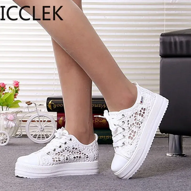 Shoes Women Shoes Fashion Summer Casual Shoes White Sneakers Cutouts Lace Canvas Hollow Breathable Platform Sneakers Tenis Feminino