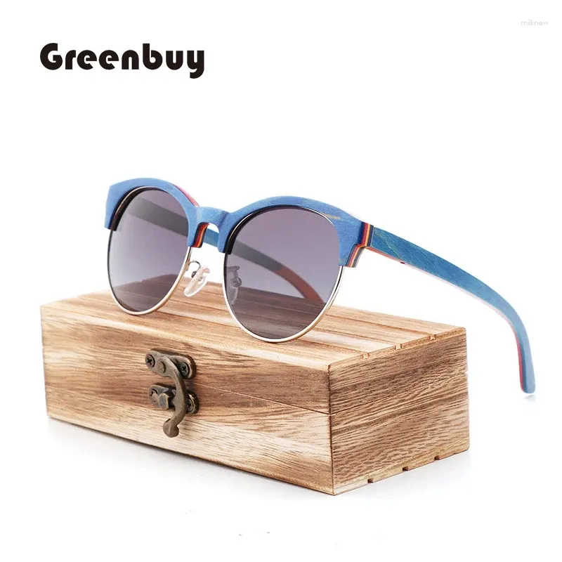 Sonnenbrille, halbrandlos, Skateboard, Holz, rund, polarisiert, modische Sonnenbrille, Damen, Bambus, UV400, Retro-Design