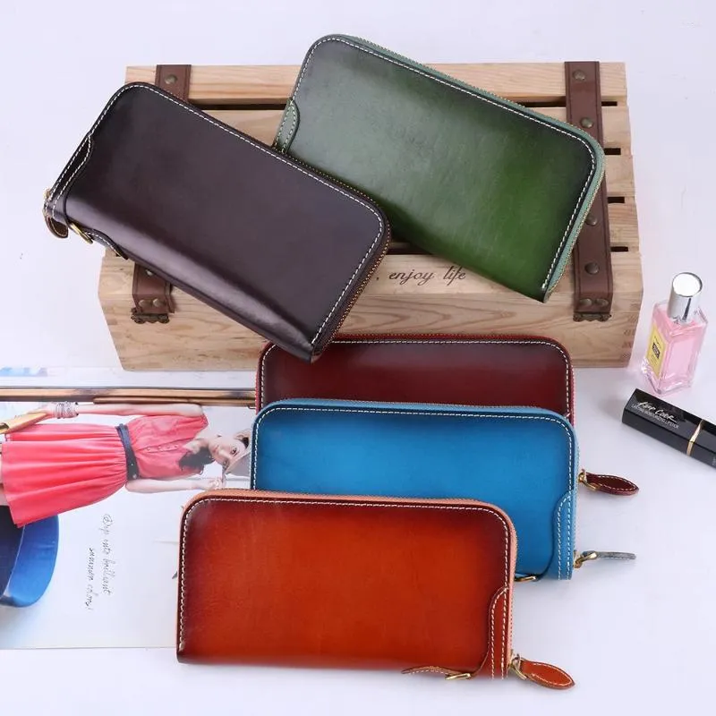 Wallets Genuine Leather Long Wallet Vegetable-Tanned Retro Multi Slot Men Handheld Bag Card Large Capacity