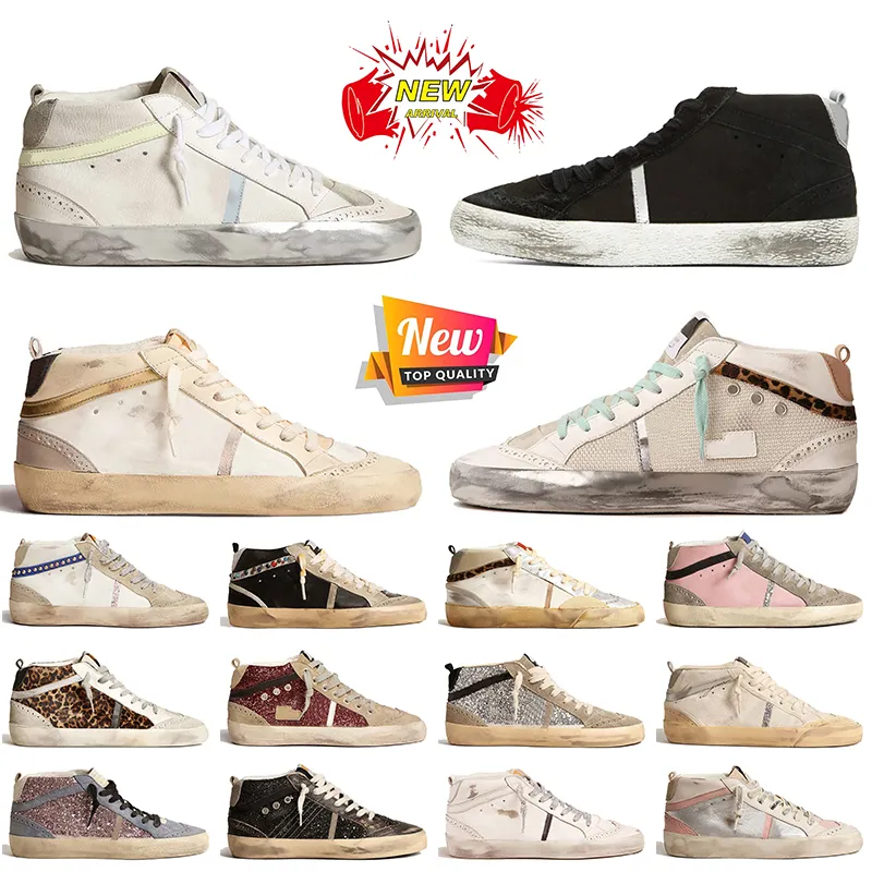 Luxe Casual Mid Star Designer Chaussures Or Argent Glitter Léopard Poney Daim Cuir Fait À La Main Italie Marque Femmes Hommes Plat Sport Baskets Vintage Plate-Forme Baskets