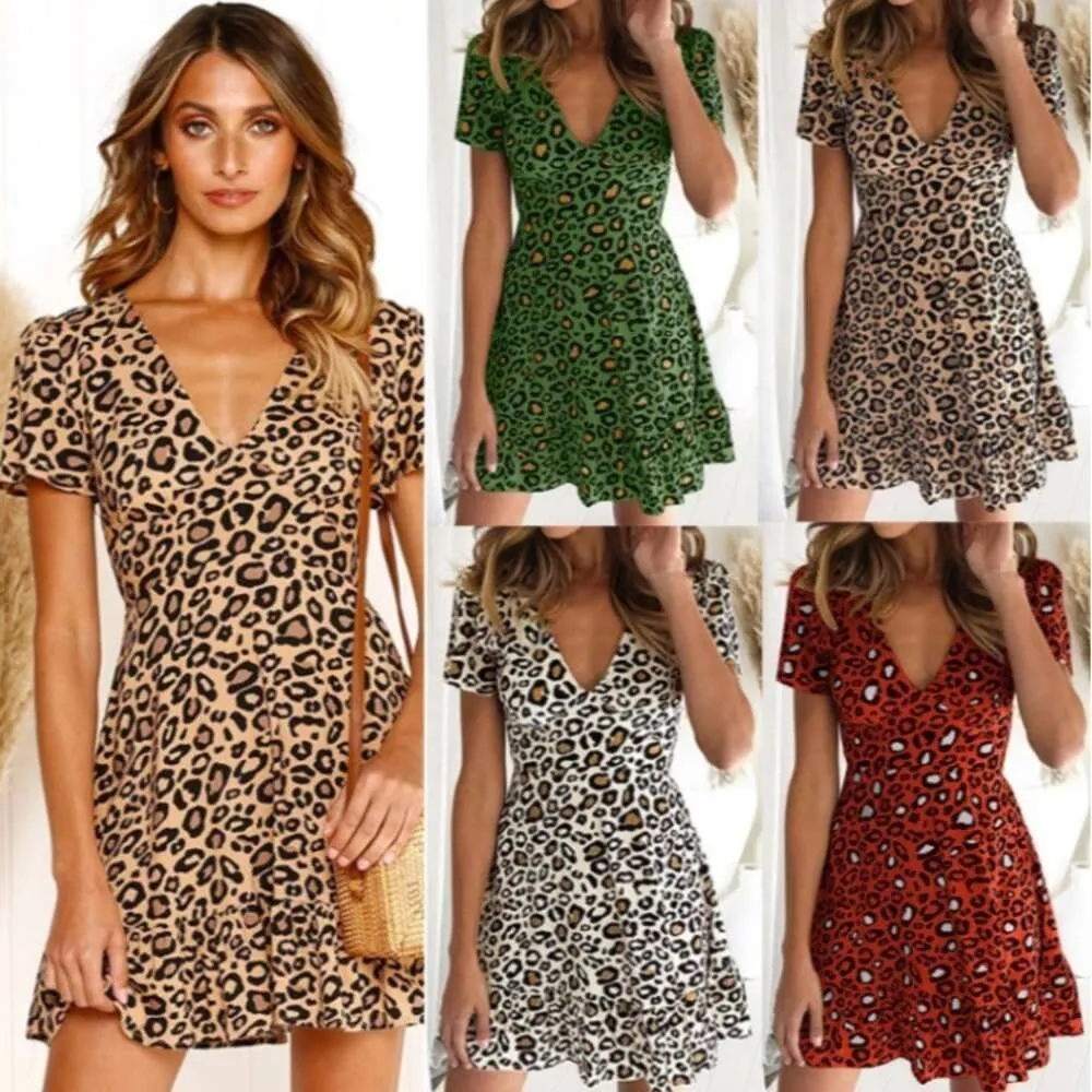 Sexy V-neck High Waisted Short Sleeved Leopard Print Dress for Women