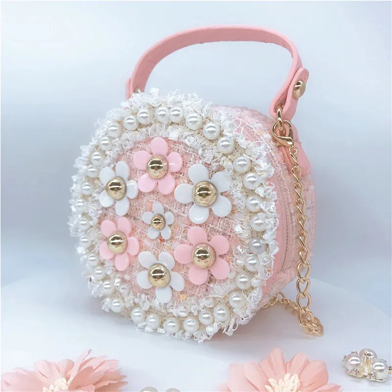 Menina flor crossbody saco para crianças doce pérola corrente bonito princesa moda 3d circular bolsa presente crianças bolsa 240306