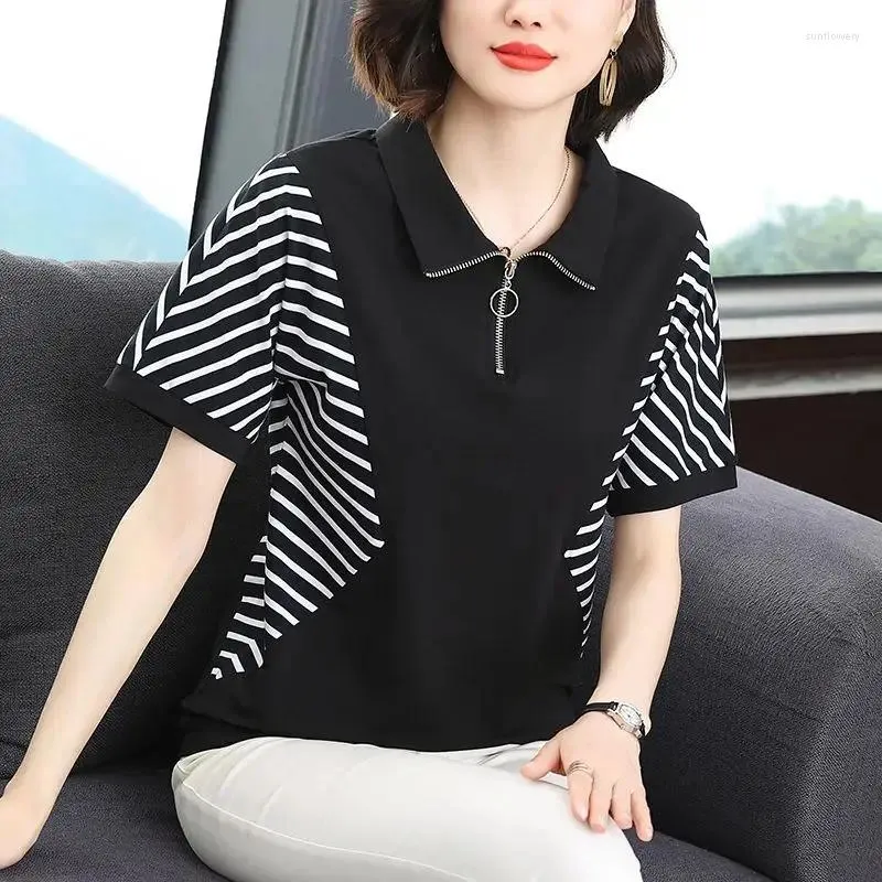 Women's T Shirts Clothing Polo-Neck dragkedja t-shirt mode randig lapptäcke all-match sommar avslappnad kort ärm koreanska lösa tröjor