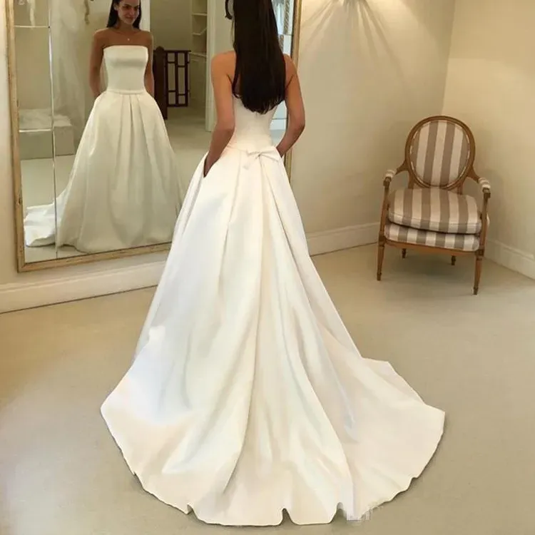Simples boho a linha vestidos de casamento sem alças vestido de noiva de cetim arco faixas vestidos de noiva mais barato