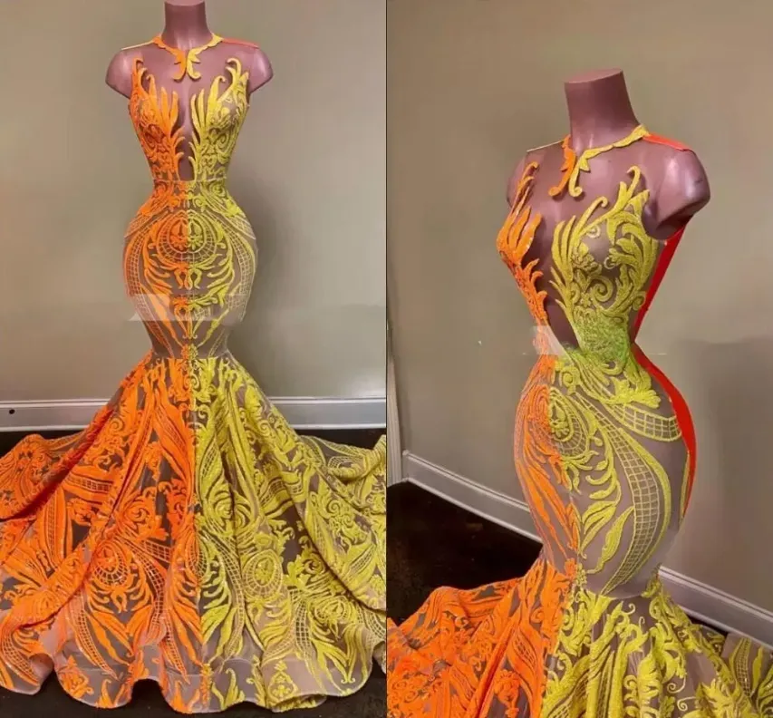 NEW Long Elegant Prom Dresses Sheer O-Neck Orange And Yellow Sequin African Women Black Girls Mermaid Evening Party Gowns