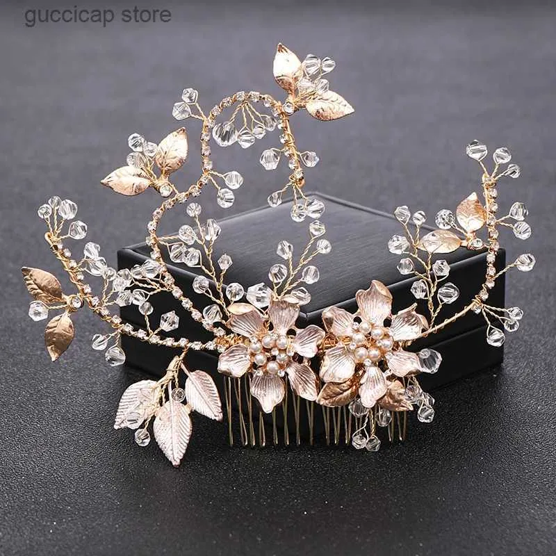 Tiaras vintage guldkristall pärla bröllop hår kammar för brud hårtillbehör huvudstycke tiara bröllop blommor hårprydnad smycken y240319