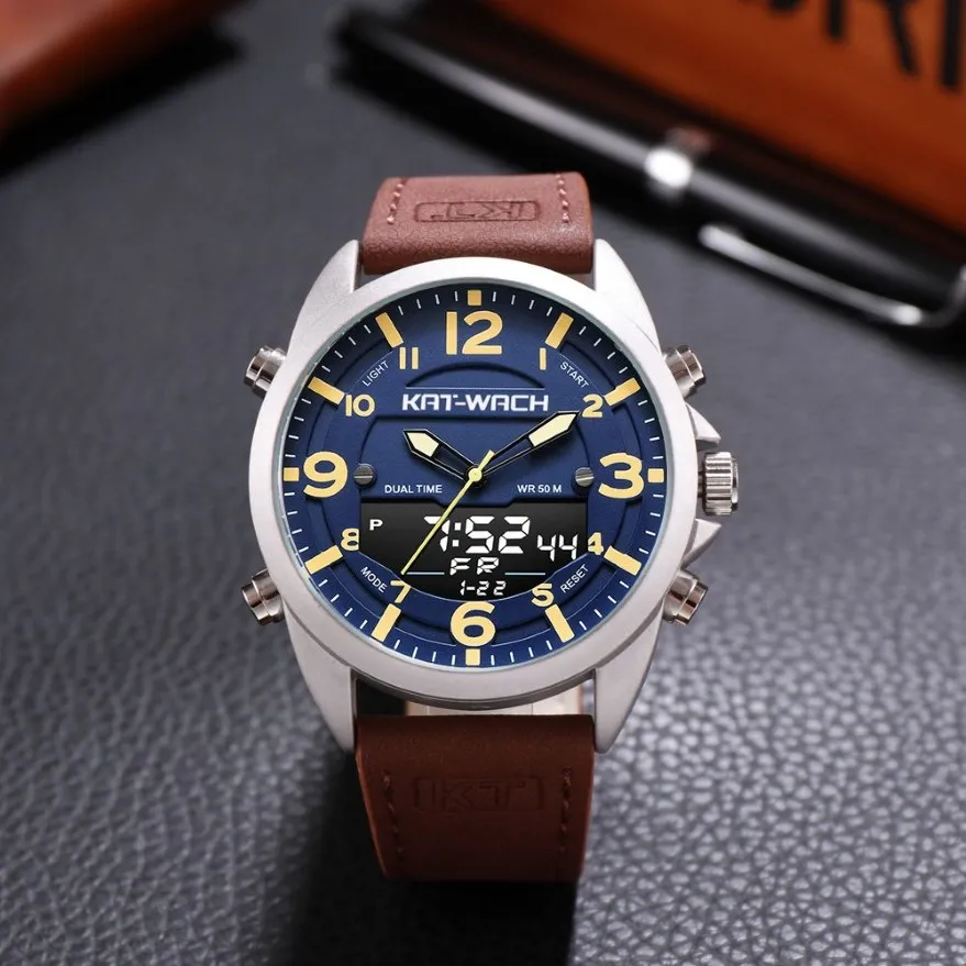 Luxury Watch Mężczyzn Mężczyzny Top Skórzane zegarki Man Quartz Analog cyfrowy wodoodporny zegar na rękę Big Watch zegar Klok KT18182037