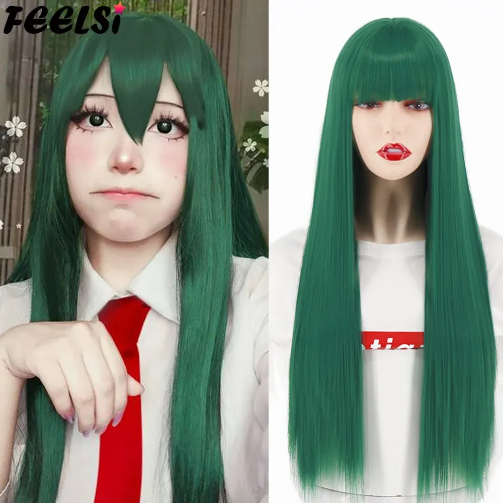 Perucas Feelsi Cabelo Sintético Longo Peruca Reta com Franja Natal Peruca Verde Rosa Marrom Preto 26 polegadas Halloween Cosplay para Mulheres