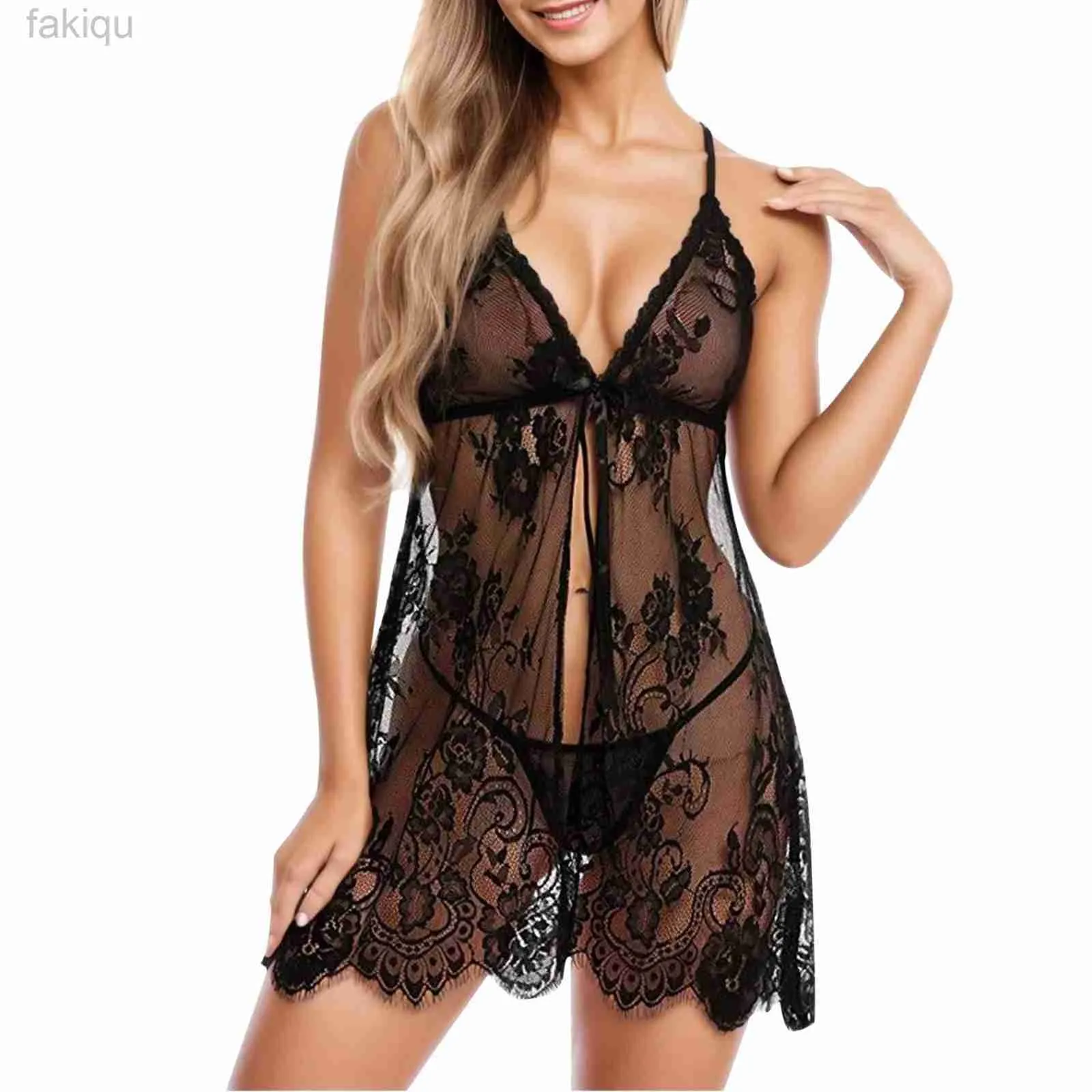 Sexy Set Women Sexy Lace Flower Suspenders Nightdress Sleepwear Exotic See Through Deep V Nightgown Porn Backless Lingerie And Thong Sets 24319