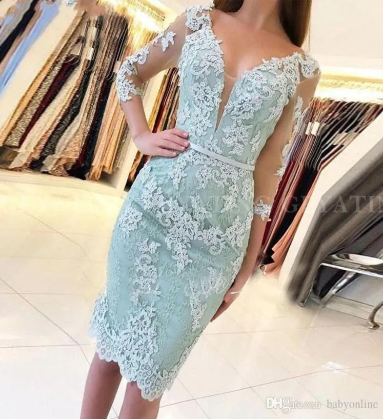 Mint Green Cocktail Dress 2020 Vintage 34 Long Sleeve Gheath Vneck knee طول الأم اللباس الدانتيل