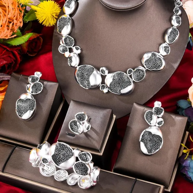 GODKI – ensemble de boucles d'oreilles et collier de luxe, 4 pièces, bijoux africains géométriques irréguliers pour femmes, fête de mariage, zircone cubique, mariée de dubaï