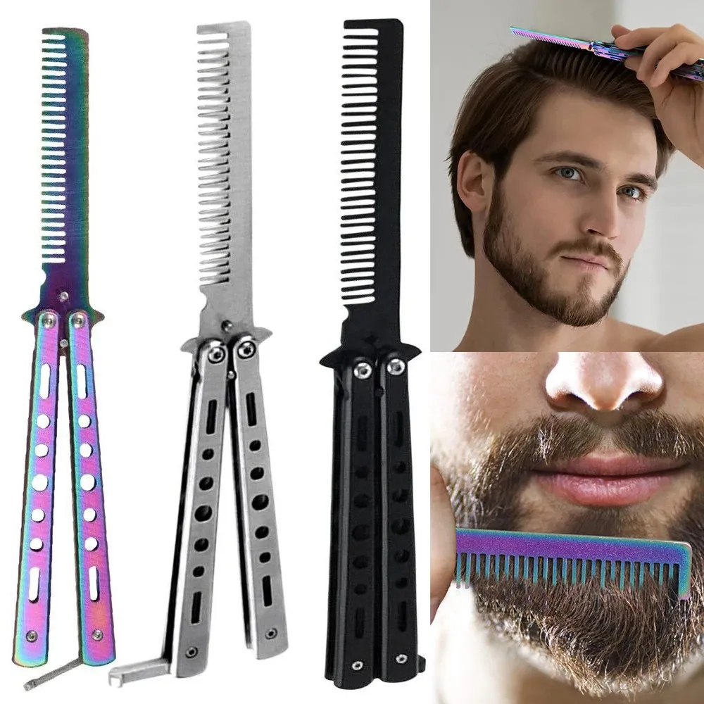 Peigne à cheveux pliable en acier inoxydable, entraînement à la pratique, couteau papillon, peigne à barbe, brosse à moustache, outil de coiffure pour Salon de coiffure 240314