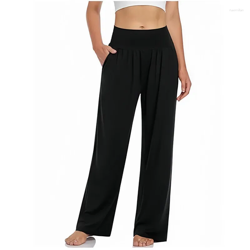 Calças ativas femininas soltas yoga com bolsos cintura alta perna larga confortável casual lounge sweatpants para dança academia