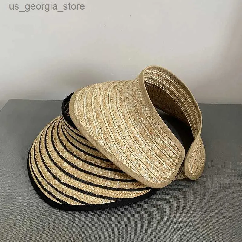 Ampla borda chapéus balde chapéus preto e branco listrado chapéu de sol feminino respirável oco topo str chapéu feminino férias larga marrom dobrável praia chapéu de sol y240319