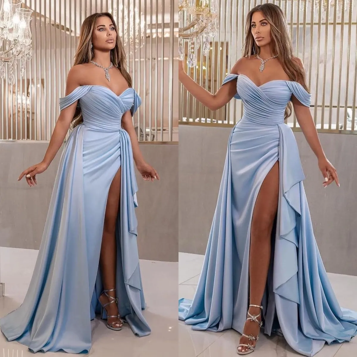 Rami Salamoun Blue Evening Elegant Off Shoulder Ploes Prom -jurk over Skirts jurken voor speciale ocns dij split belang