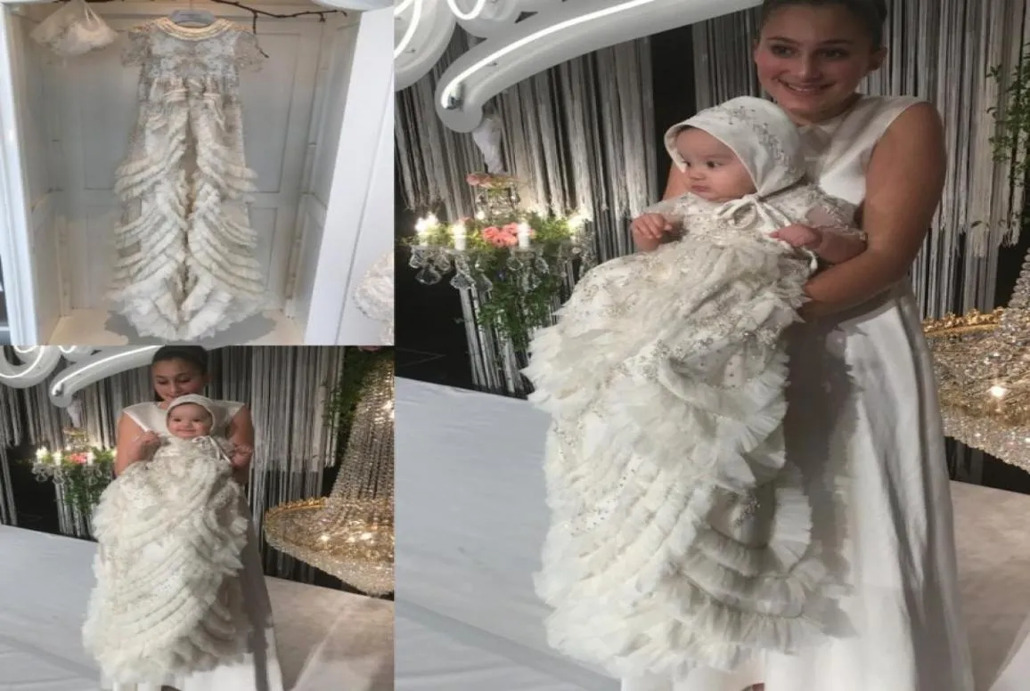 Vestidos de batismo de cristal de luxo para meninas do bebê contas appliqued babados em camadas vestidos de batismo com gorro primeira comunicação dre1445396